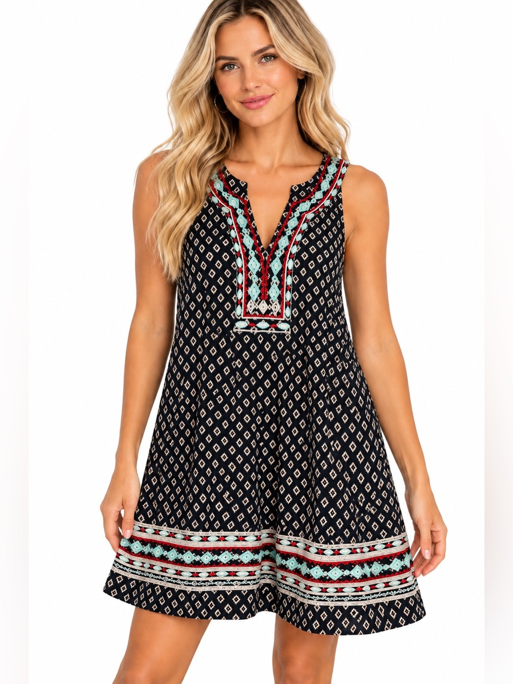 THML Sleeveless Navy Patterned Embroidered Shift Dress Size Large Women’s